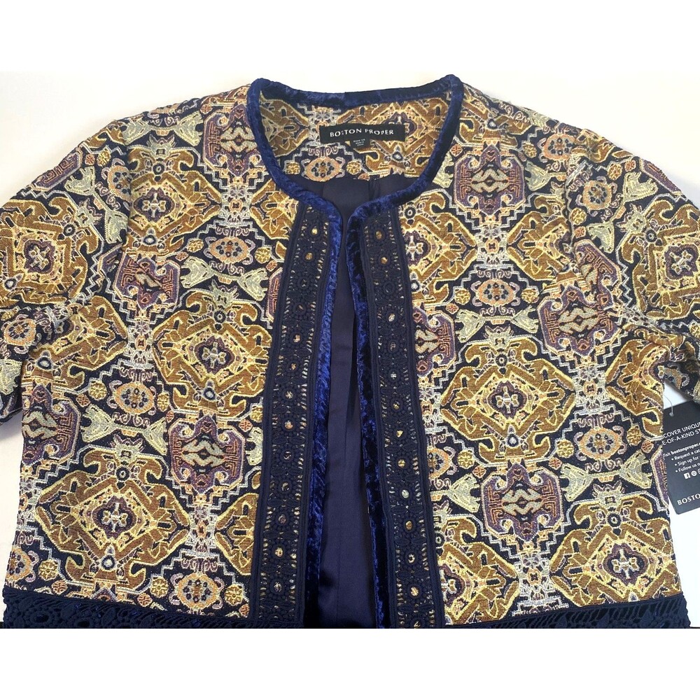 Boston Proper Fringe Tapestry Novelty Jacket Velvet Trim Size 14 Multicolor NWOT - Picture 2 of 16